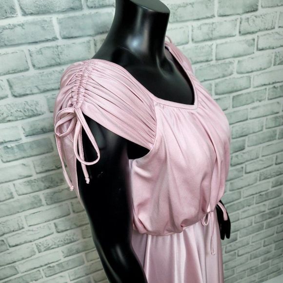 Vintage 70s Union Made Pink‎ Draped Back Cinched Shoulder Disco Dress Tie Belt - Picture 5 of 12